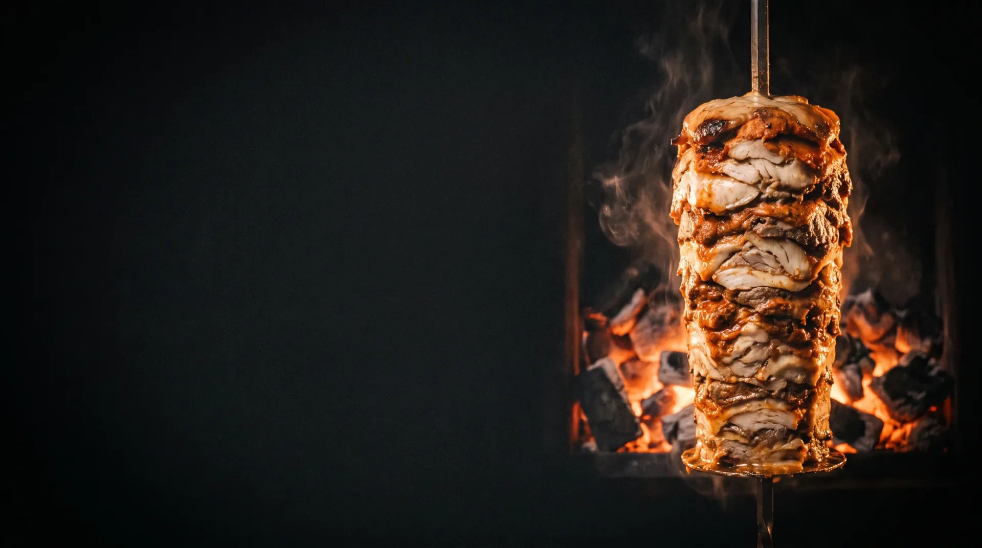 A meat spit turning slowly in warm light