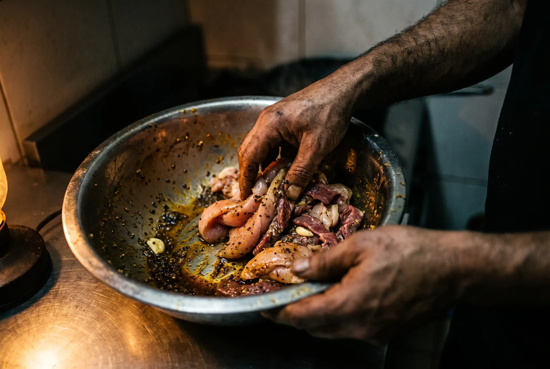Marinade — Spice, garlic, lemon. Overnight and cold, or the meat gives nothing back.