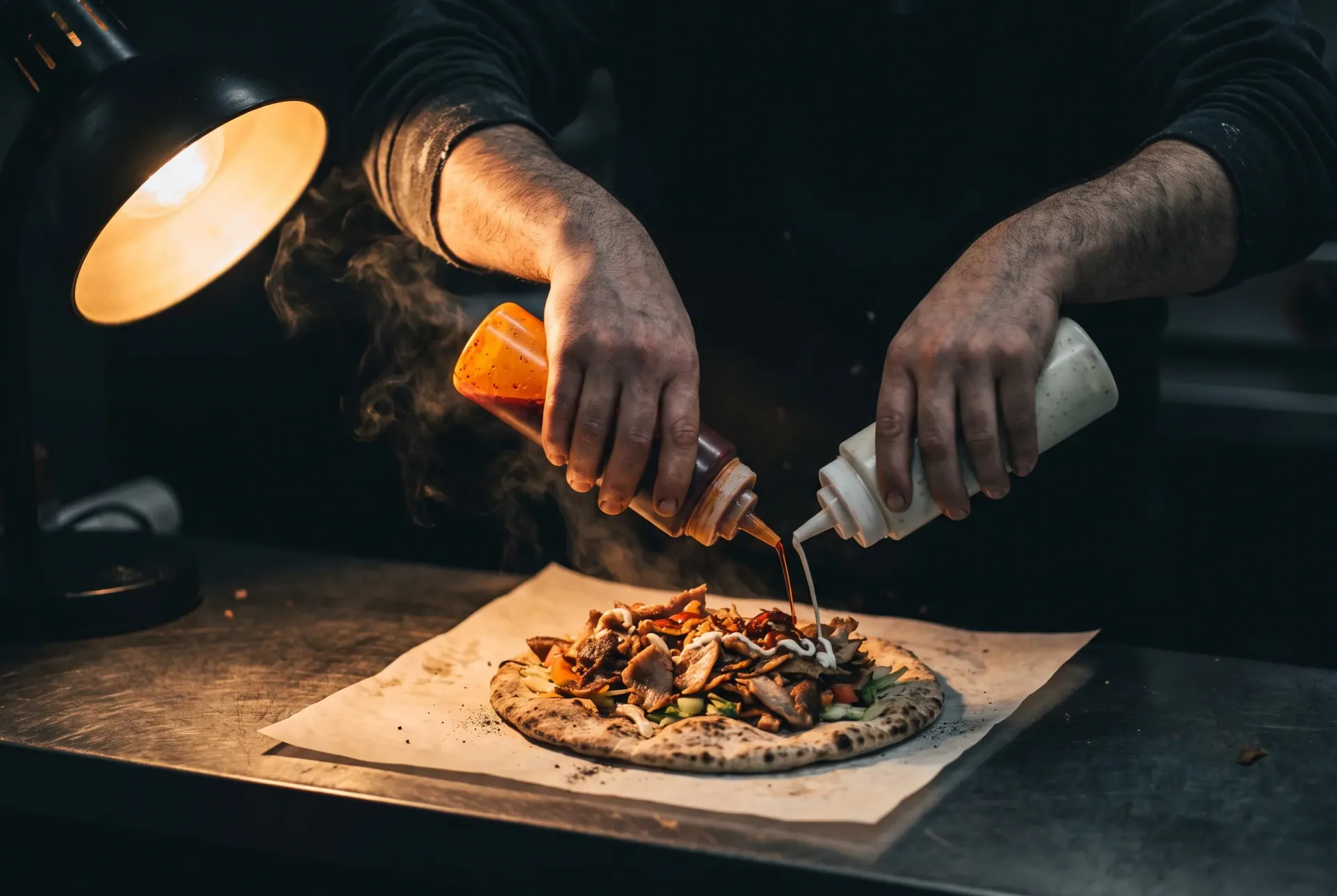 The wrap — Slice, sauce, one turn of the paper. Twenty seconds and it's in your hand.